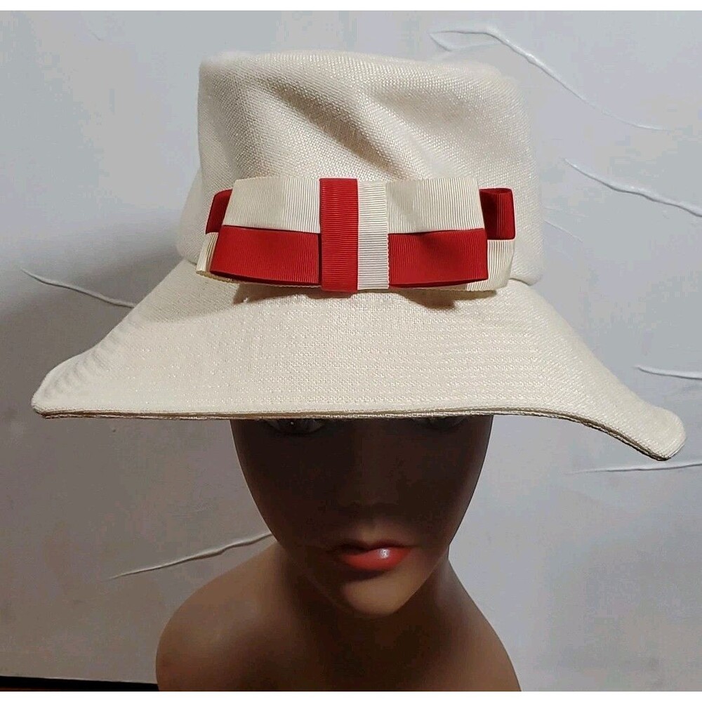 Vintage GSH Golf & Sport Headwear Cream Red Linen? Bow Wide Brim Hat